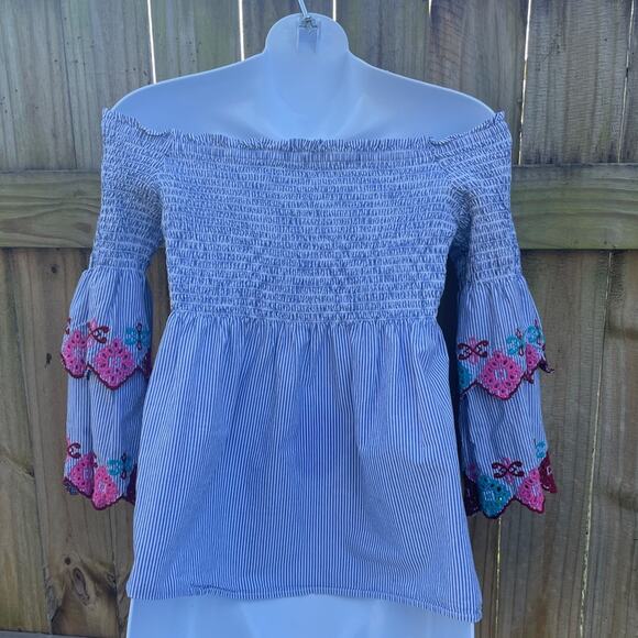 Loft Fiesta blue & white stripe with embroidered sleeves Off The Shoulder Top - Picture 3 of 7
